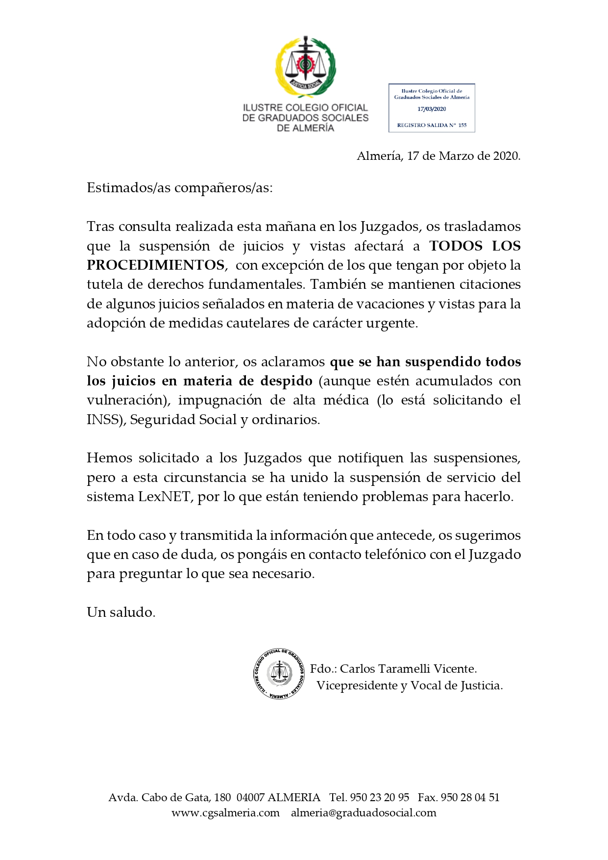 17 03 20 COMUNICACIÓN ATENCIÓN JUZGADO SOCIAL ALMERÍA page 0001